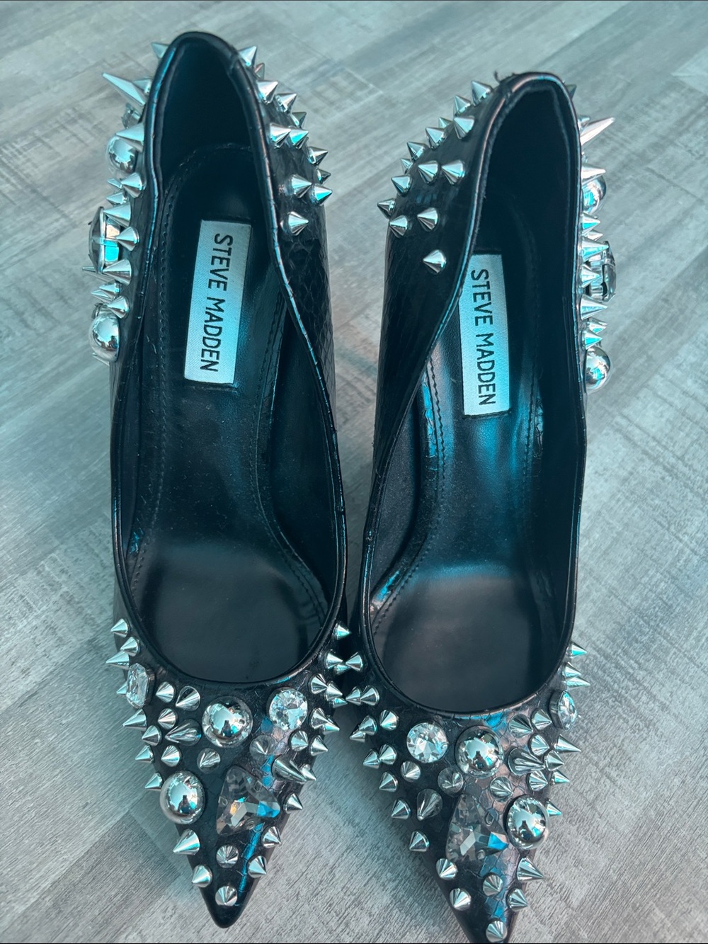 Steve Madden Black Pointed-Toe Studded Crystal Pumps